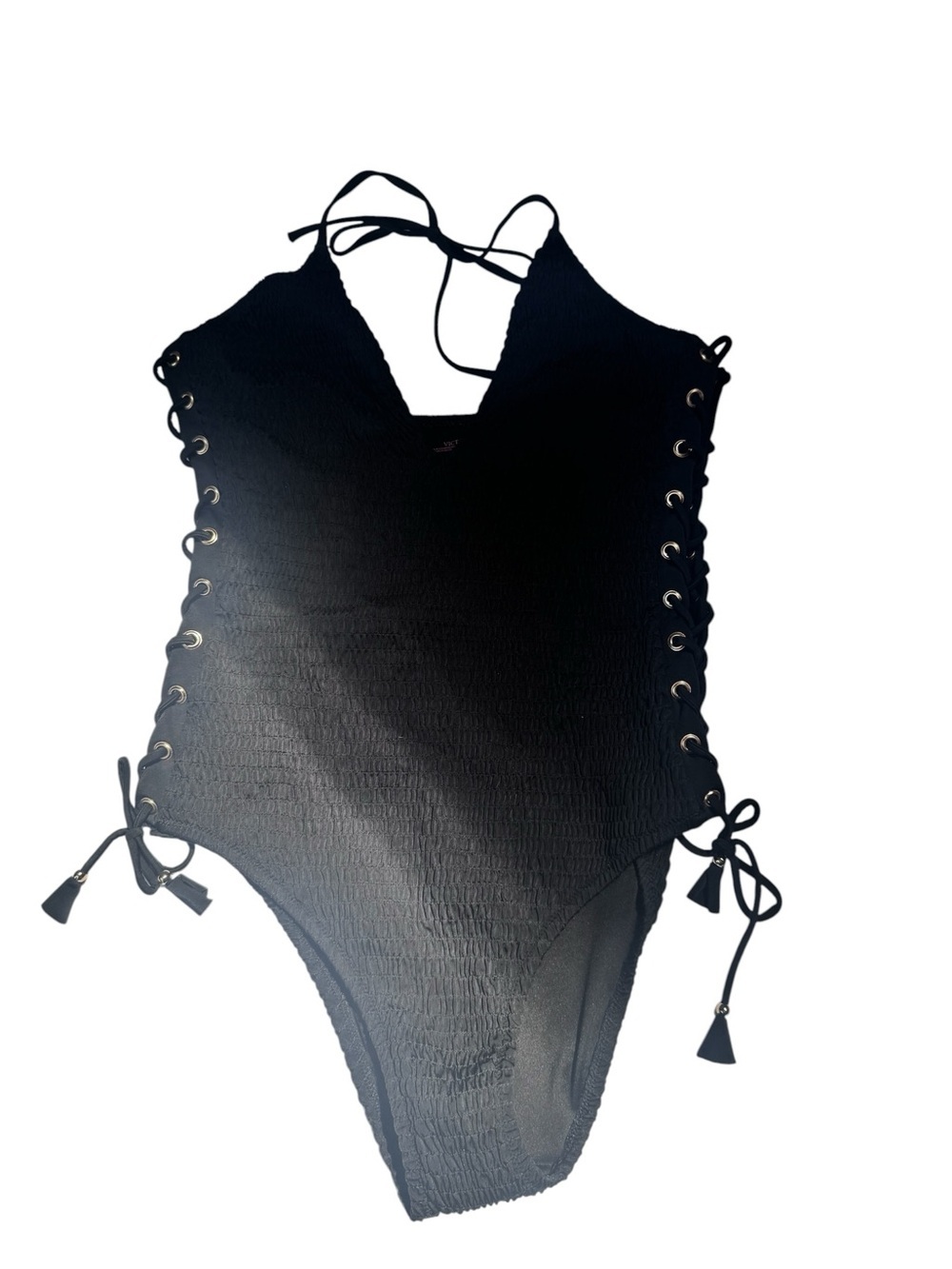 Victoria's Secret NEW Ensenada Smocked
LaceUp Halter Top M 1pc Black Swimsuit - Picture 3 of 16